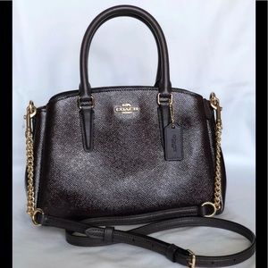 NWT COACH CROSSGRAIN MINI SAGE CARRYALL oxyblood cranberry purse F32018